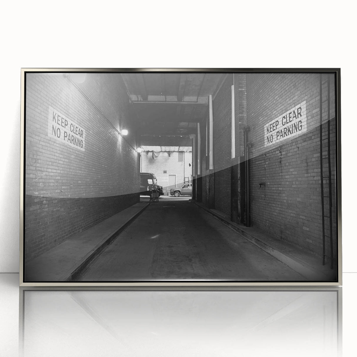 Mid-century modernist art featuring abstract architecture in silver acrylic frame, suited for modern art wall decor.