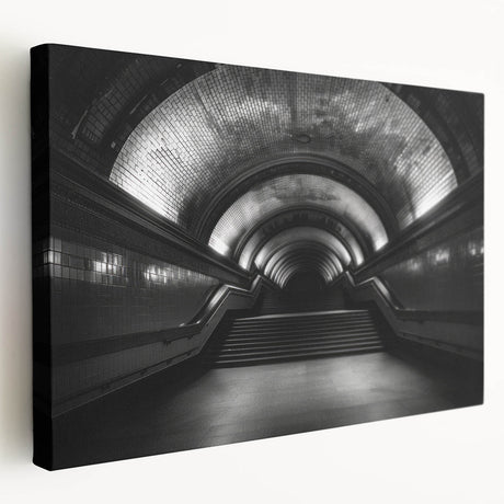Side view of a stretched canvas featuring an abstract tunnel design in muted gray and blue tones.