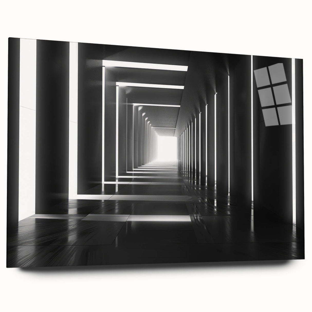 Large abstract wall art on acrylic glass, featuring intertwined gray and silver tunnels.