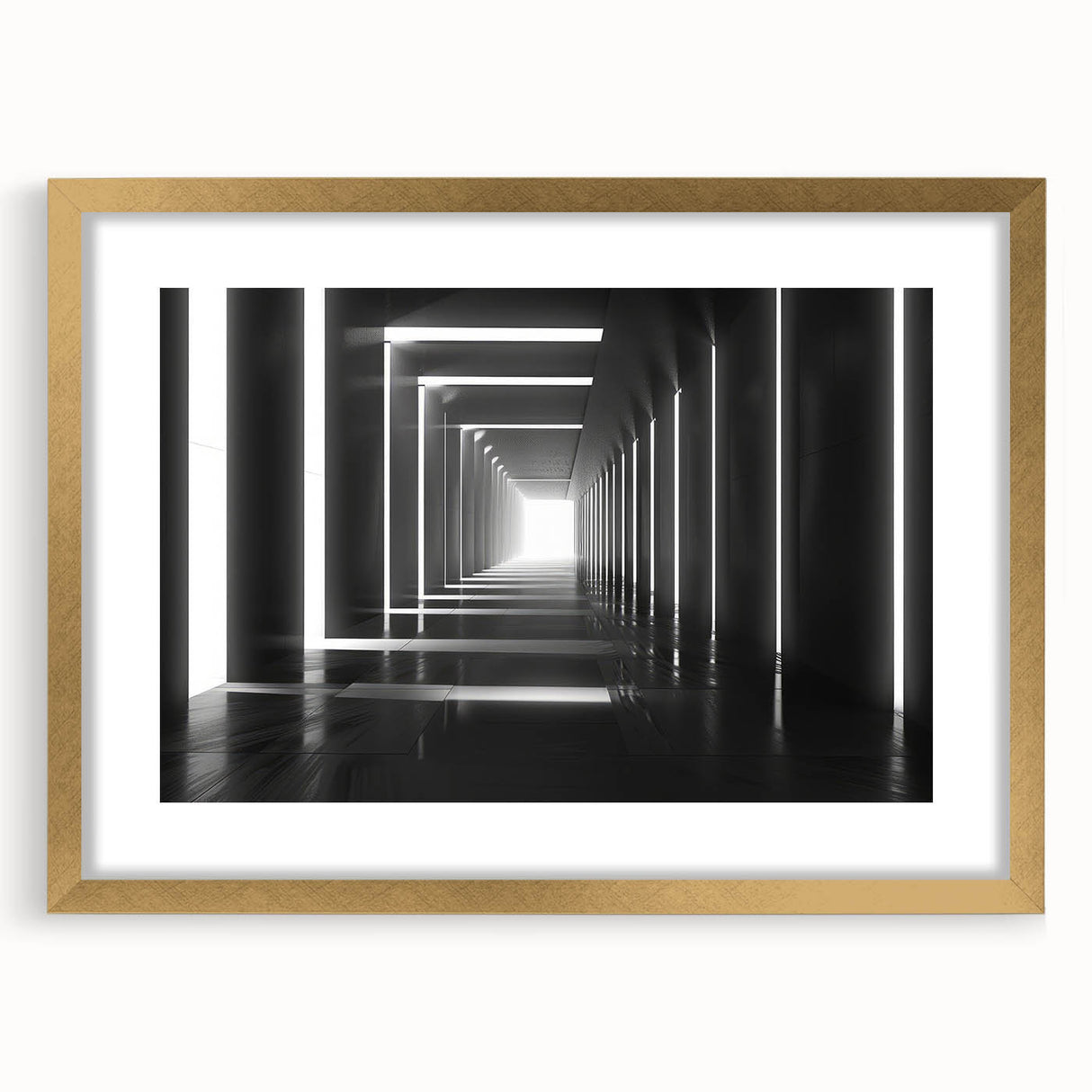 Extra large abstract art print featuring textured tunnels in gold and black tones, framed with a gold mat.