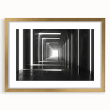 Extra large abstract art print featuring textured tunnels in gold and black tones, framed with a gold mat.
