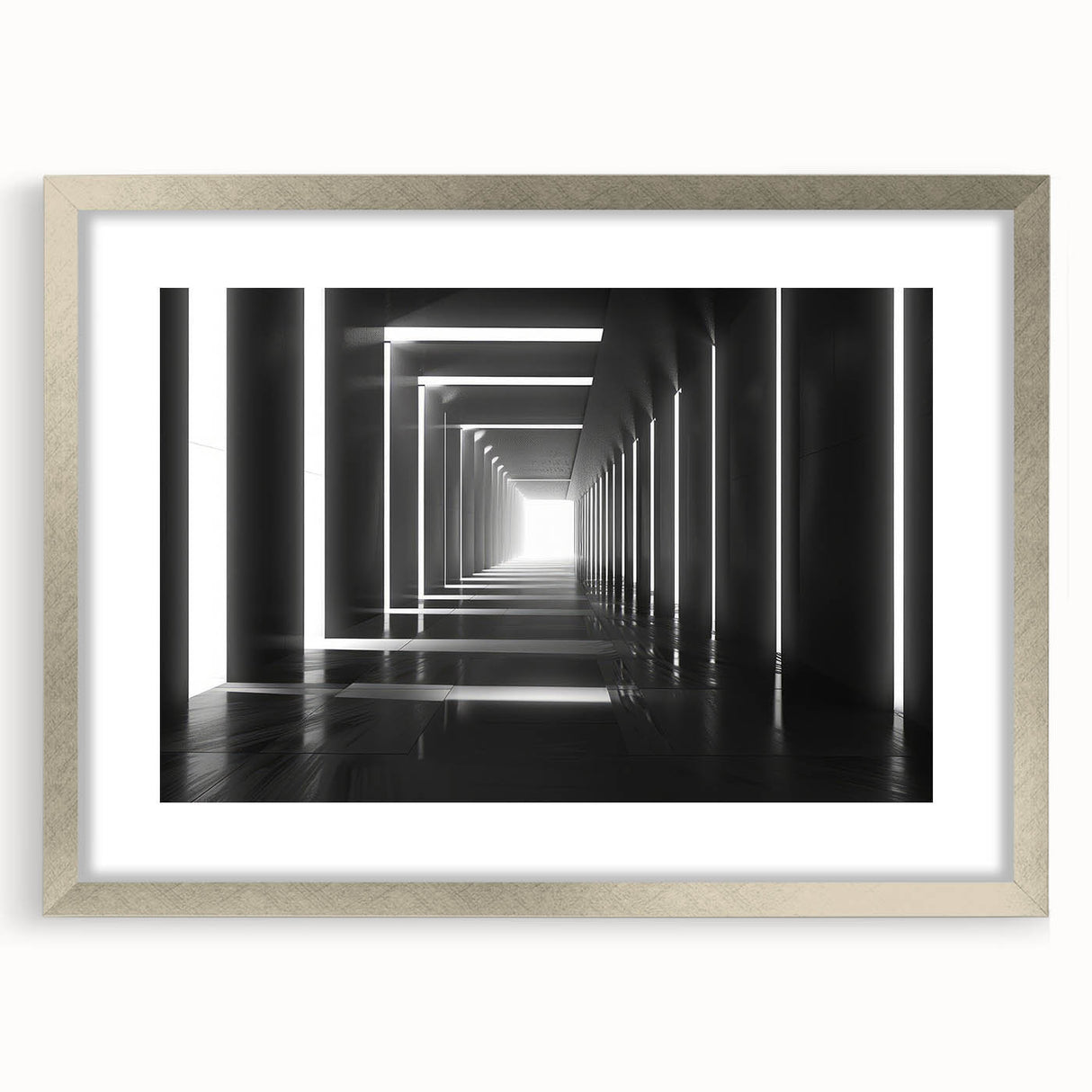 Textured art featuring abstract tunnel design in silver frame, ideal for modern bedroom decor.