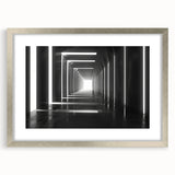 Textured art featuring abstract tunnel design in silver frame, ideal for modern bedroom decor.