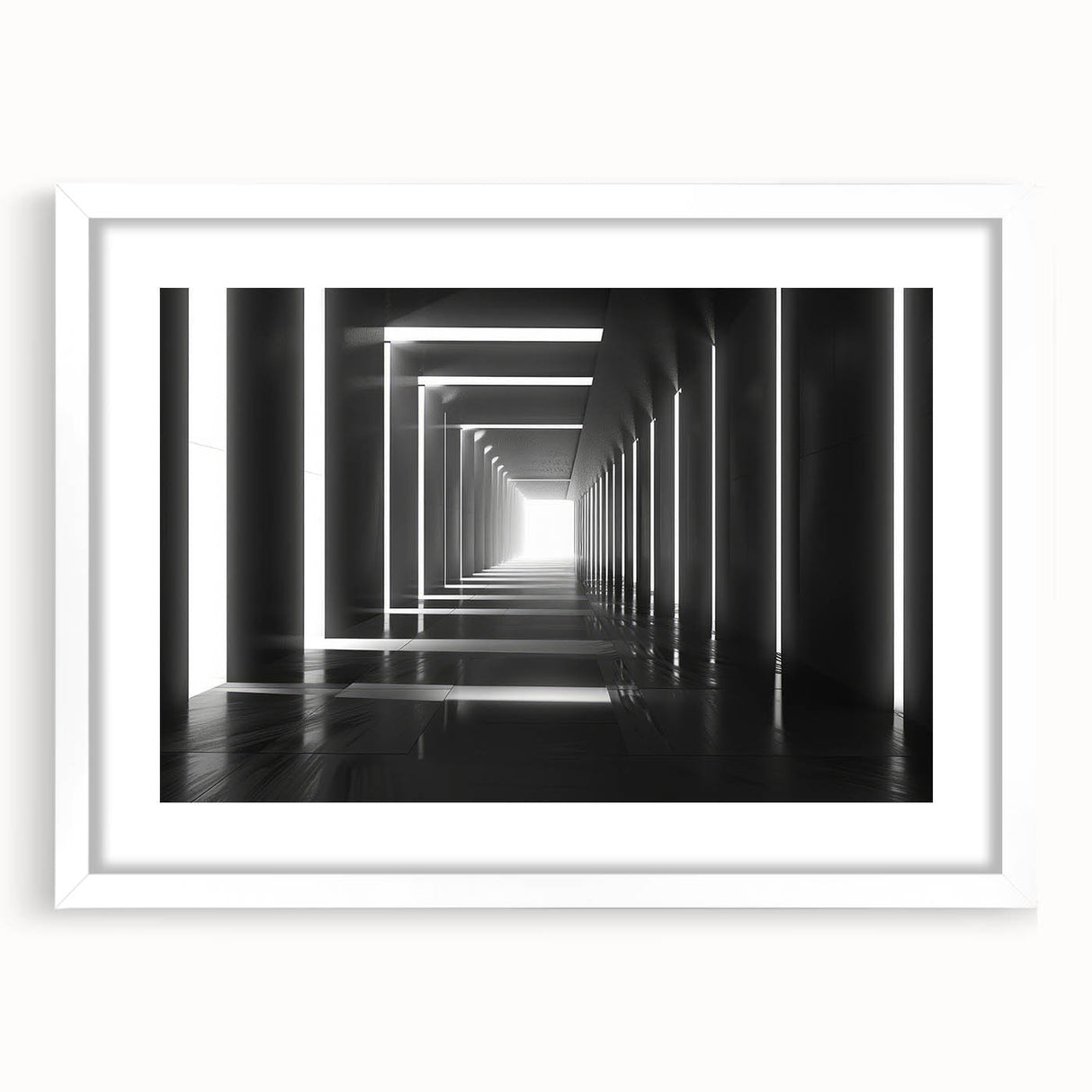 Abstract art print of intertwined tunnels in gray and white tones, framed with a white mat.