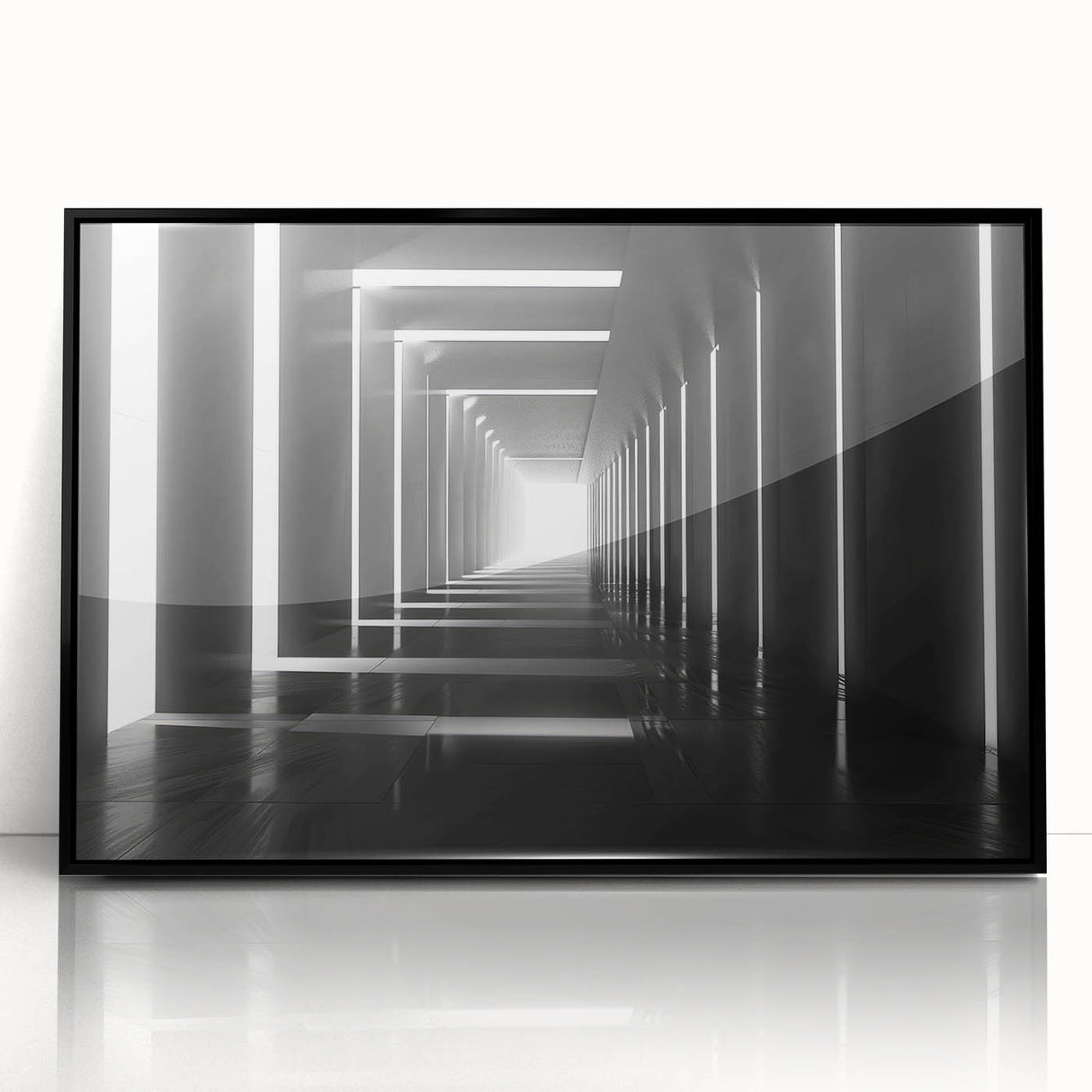 Large abstract wall art depicting architectural tunnels in black and white, framed acrylic print.
