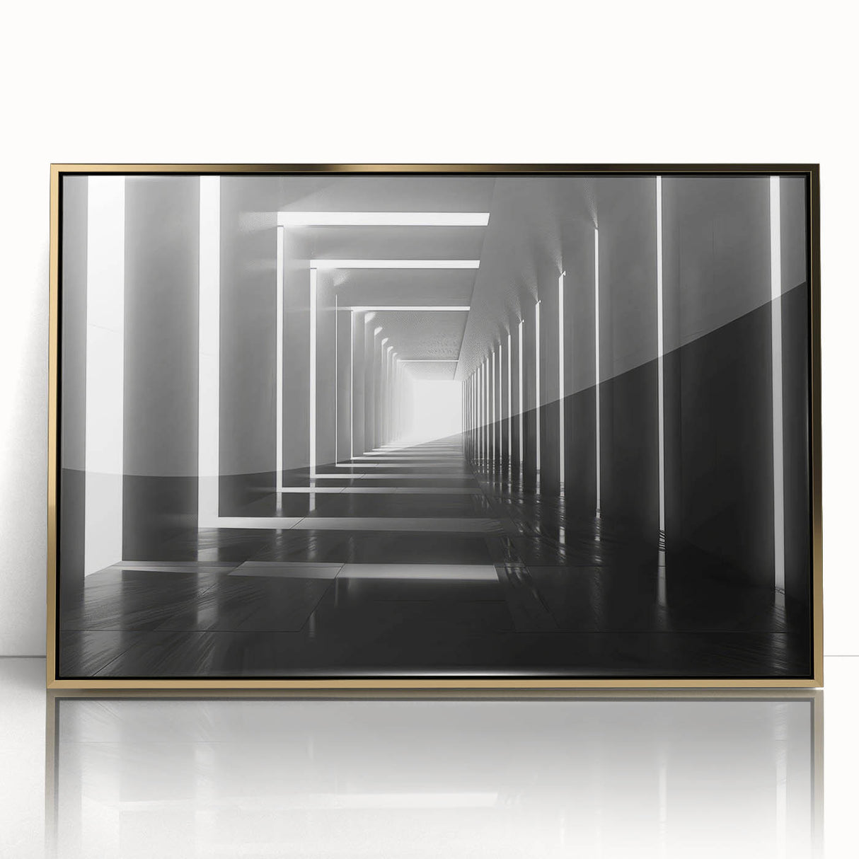 Mid-century modernist tunnel architecture in gold and gray tones on a framed acrylic, suitable for modern art wall decor.