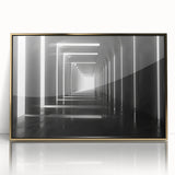 Mid-century modernist tunnel architecture in gold and gray tones on a framed acrylic, suitable for modern art wall decor.
