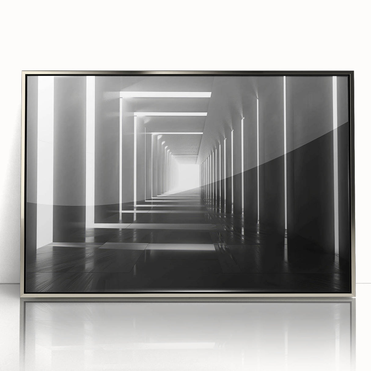 Mid-century modernist art depicting an architectural tunnel in muted gray, acrylic print framed in silver.
