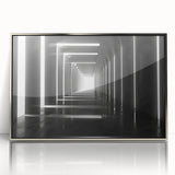 Mid-century modernist art depicting an architectural tunnel in muted gray, acrylic print framed in silver.