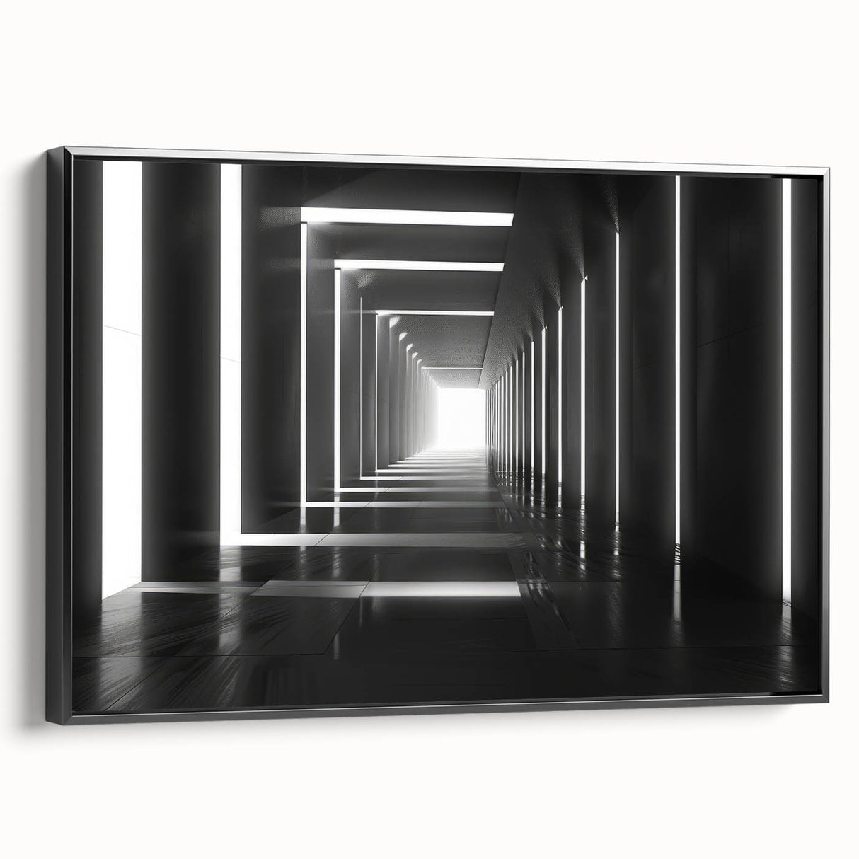 Framed canvas of a black and white vintage tunnel architecture, ideal for bedroom wall decor.