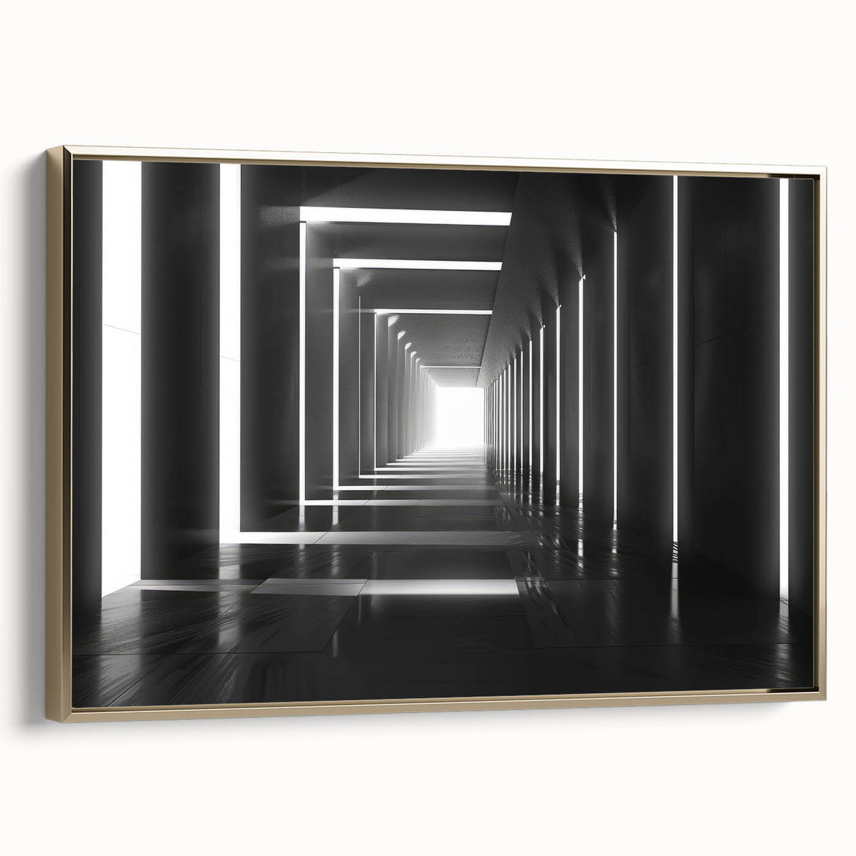Framed canvas depicting a vintage poster of a black and gold tunnel landscape, ideal for bedroom wall decor.