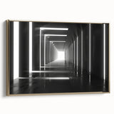 Framed canvas depicting a vintage poster of a black and gold tunnel landscape, ideal for bedroom wall decor.