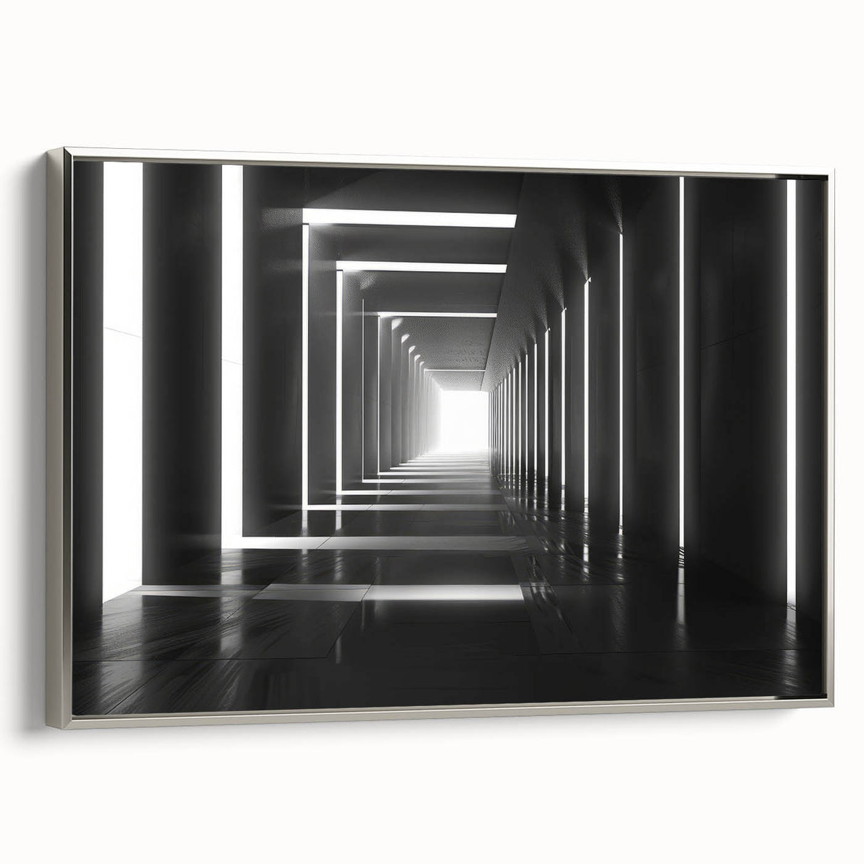 Framed canvas featuring a black and colorful vintage poster art of landscape architecture tunnels, ideal for office decor.