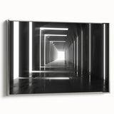 Framed canvas featuring a black and colorful vintage poster art of landscape architecture tunnels, ideal for office decor.