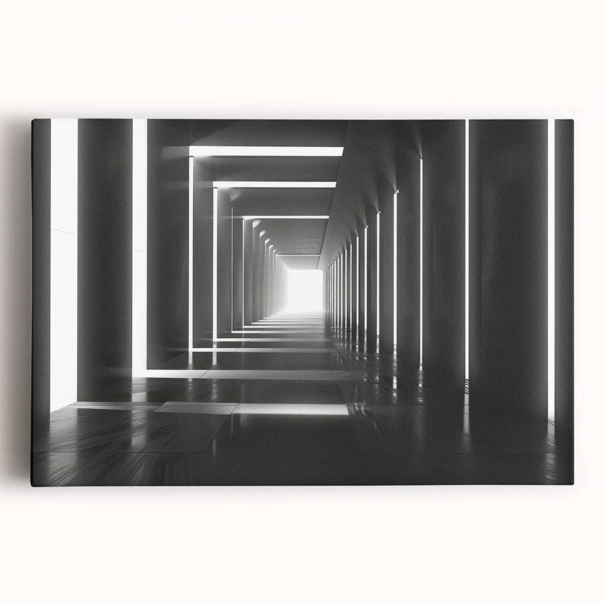 Black and white photograph of architectural tunnels on stretched canvas, ideal for kitchen wall art.