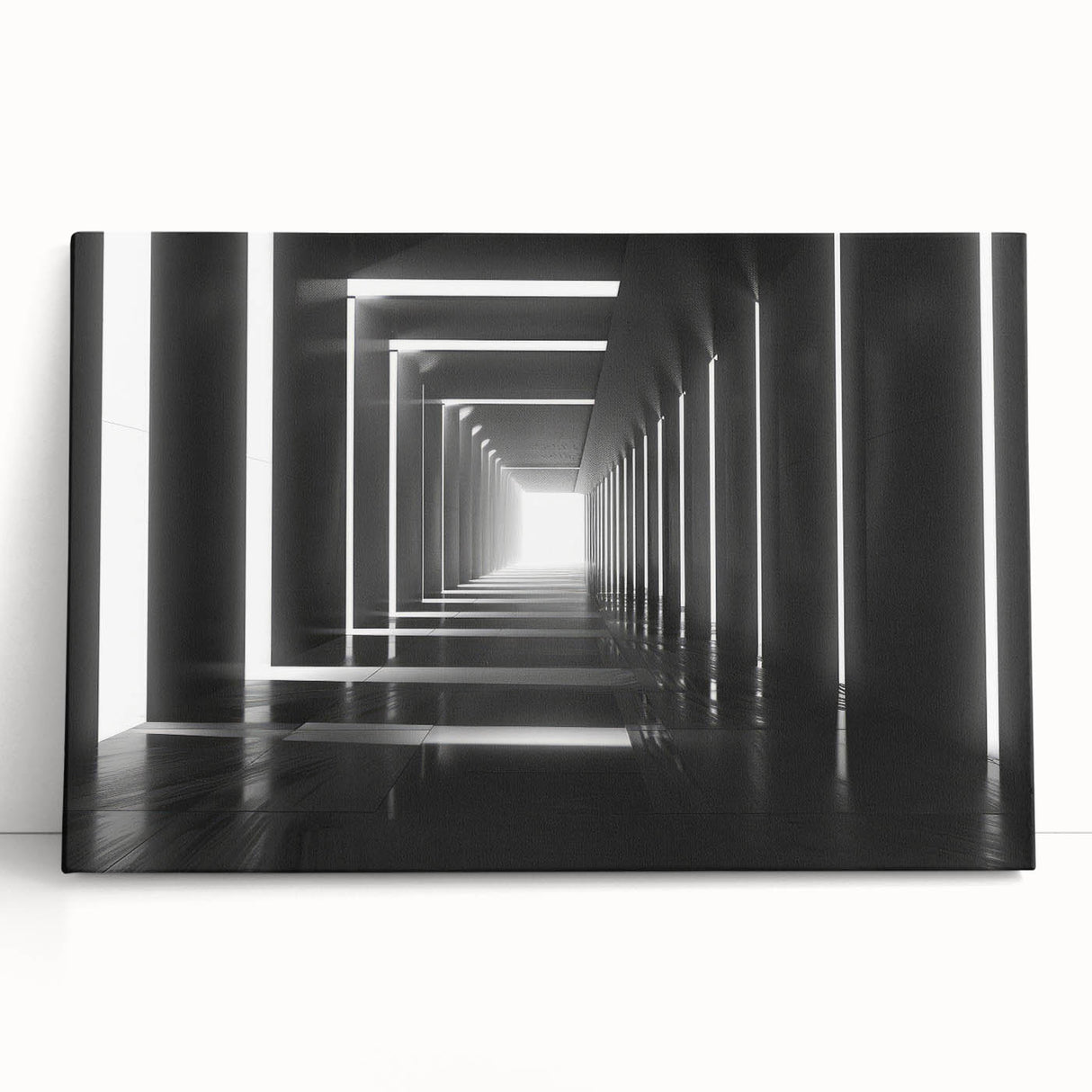 Black and white photo of architectural tunnels on stretched canvas, ideal for kitchen wall art or bedroom ambiance.