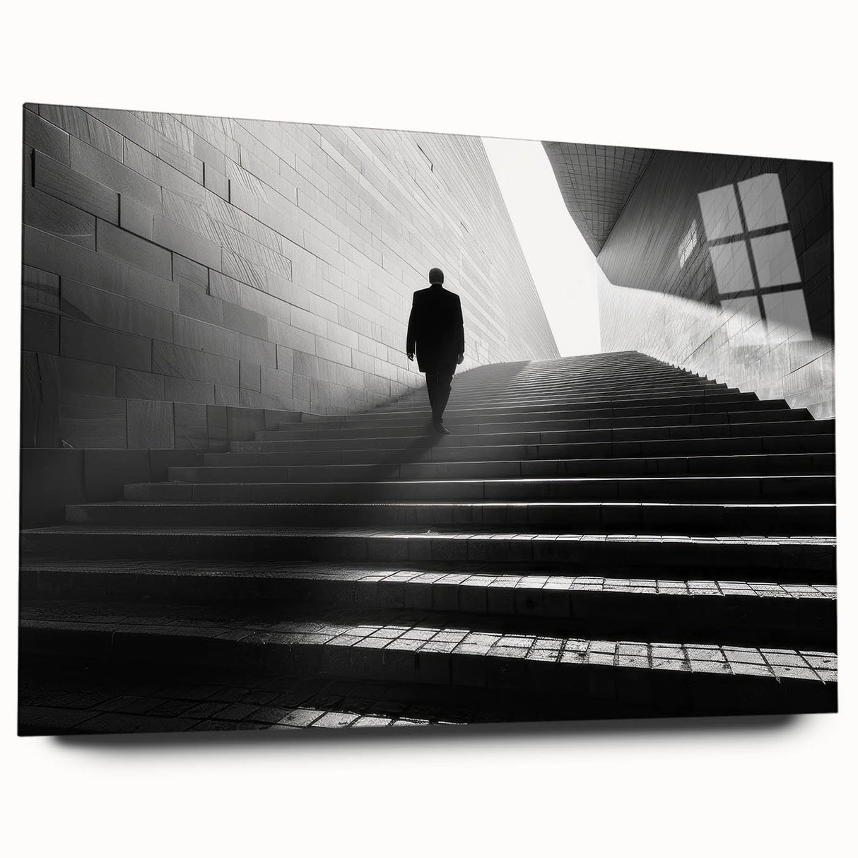 Large abstract wall art on acrylic glass depicting a monochrome architectural tunnel.