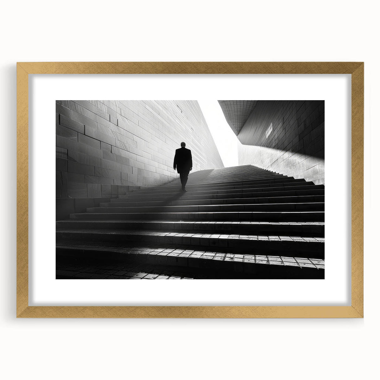 Extra large abstract art print featuring textured tunnels in gold tones, framed with mat, ideal for living room decor.