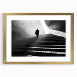 Extra large abstract art print featuring textured tunnels in gold tones, framed with mat, ideal for living room decor.