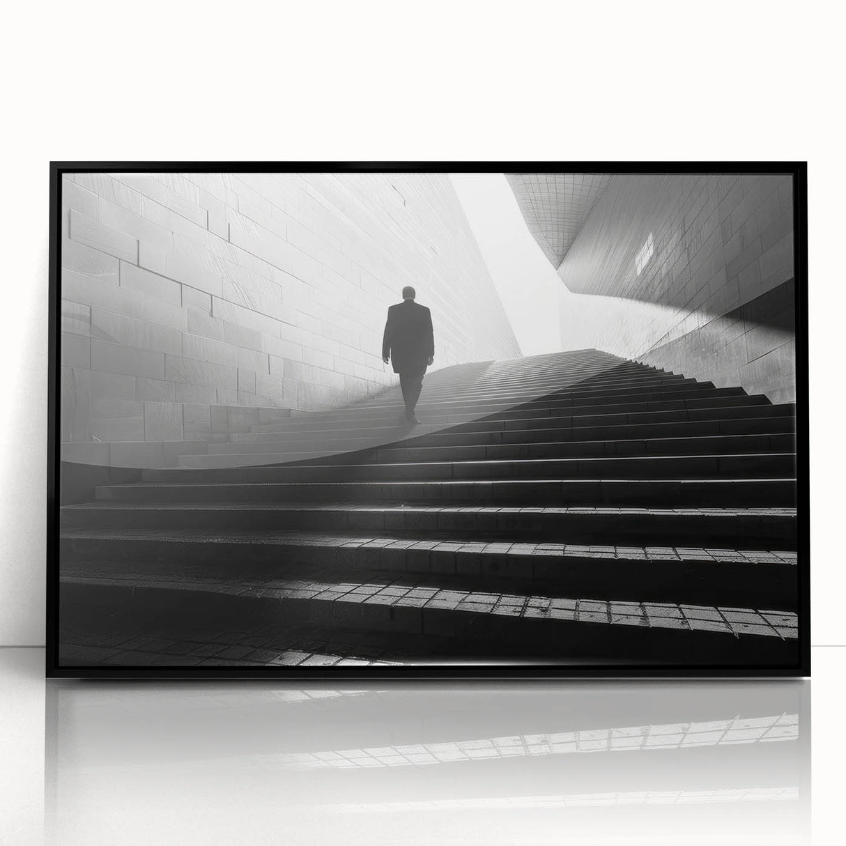 Large abstract wall art featuring geometric shapes in black and white, acrylic print in a black frame.