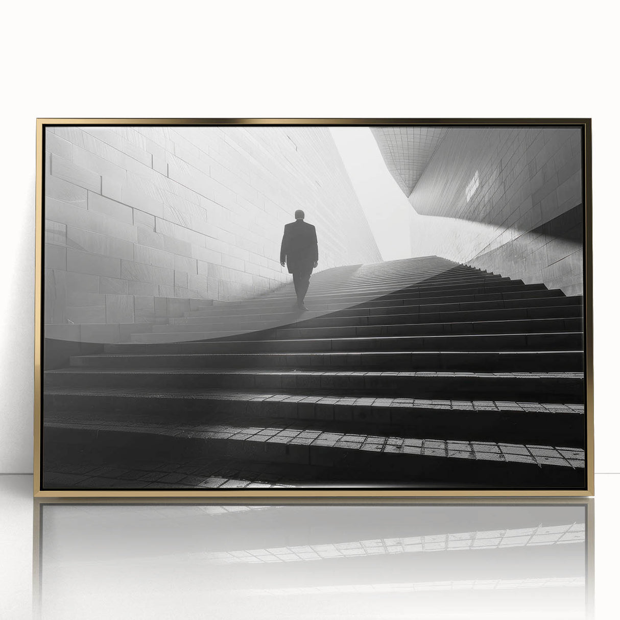 Mid-century modernist tunnel architecture in gold and black hues on a framed acrylic, suitable for modern art wall decor.