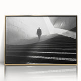 Mid-century modernist tunnel architecture in gold and black hues on a framed acrylic, suitable for modern art wall decor.