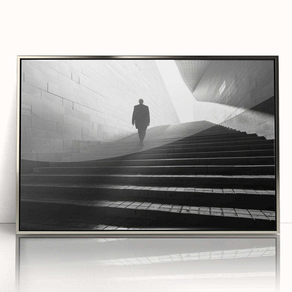 Mid-century modernist tunnel architecture in silver frame, ideal for nursery wall art.