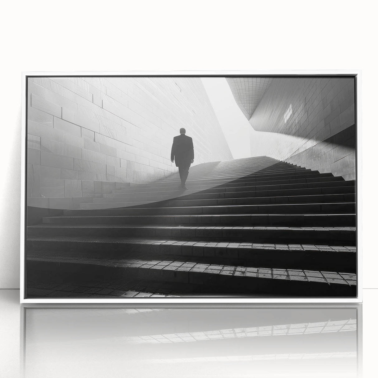 Art deco poster depicting geometric tunnels in black and white, framed in white acrylic, suitable for modern art wall decor.