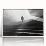 Art deco poster depicting geometric tunnels in black and white, framed in white acrylic, suitable for modern art wall decor.