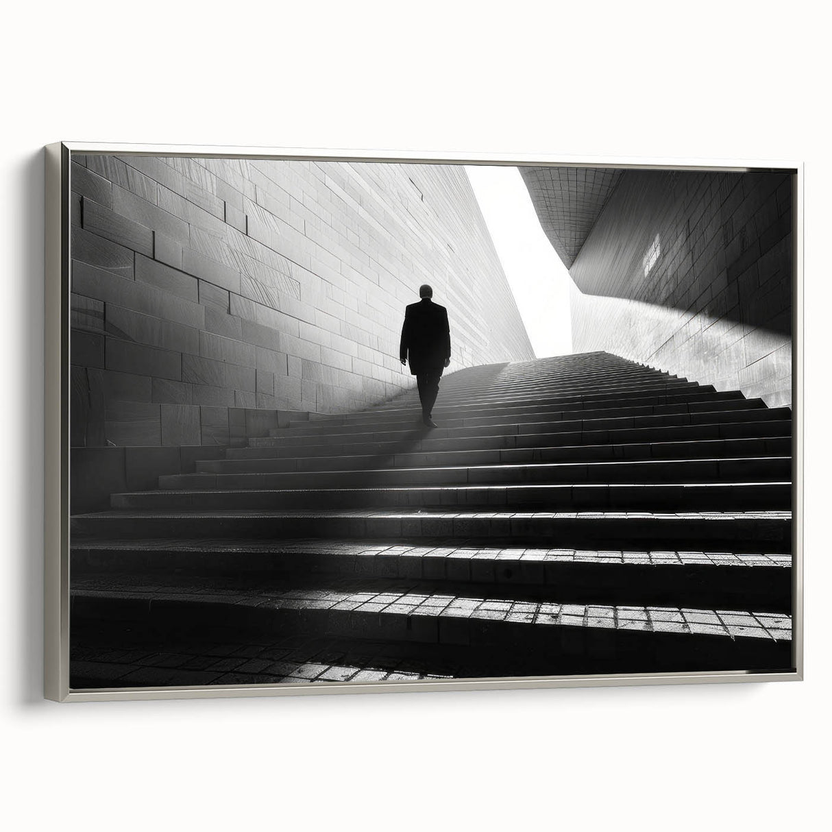 Framed canvas featuring a vintage poster of a colorful landscape with black architectural tunnels in a minimalist style.