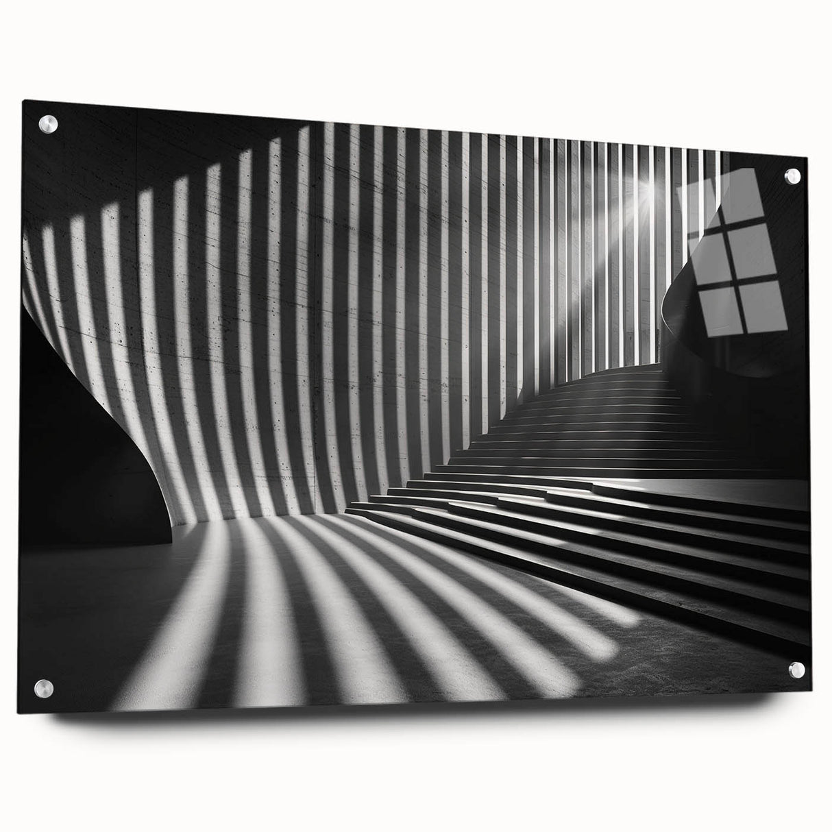 Large abstract wall art featuring a tunnel design in muted grays and blues on acrylic glass.