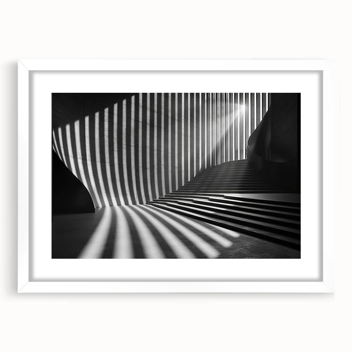 Abstract art print of geometric tunnel design in black and white, framed with a white mat.