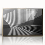 Mid-century modernist style large art print of architectural tunnels in gold framed acrylic.