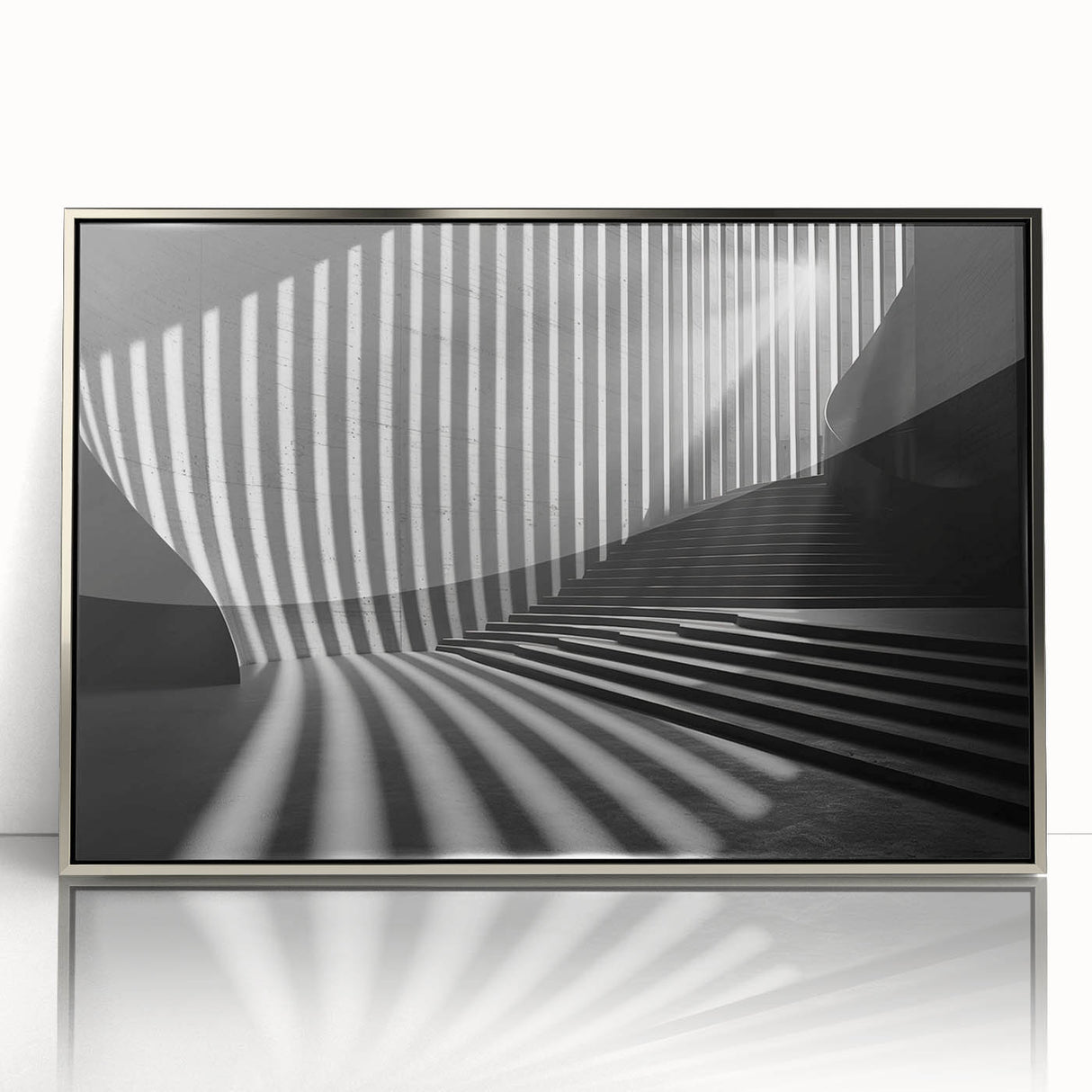 Mid-century modernist art featuring geometric shapes and silver tones on a framed acrylic, suitable for nursery wall art.