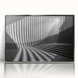 Mid-century modernist art featuring geometric shapes and silver tones on a framed acrylic, suitable for nursery wall art.