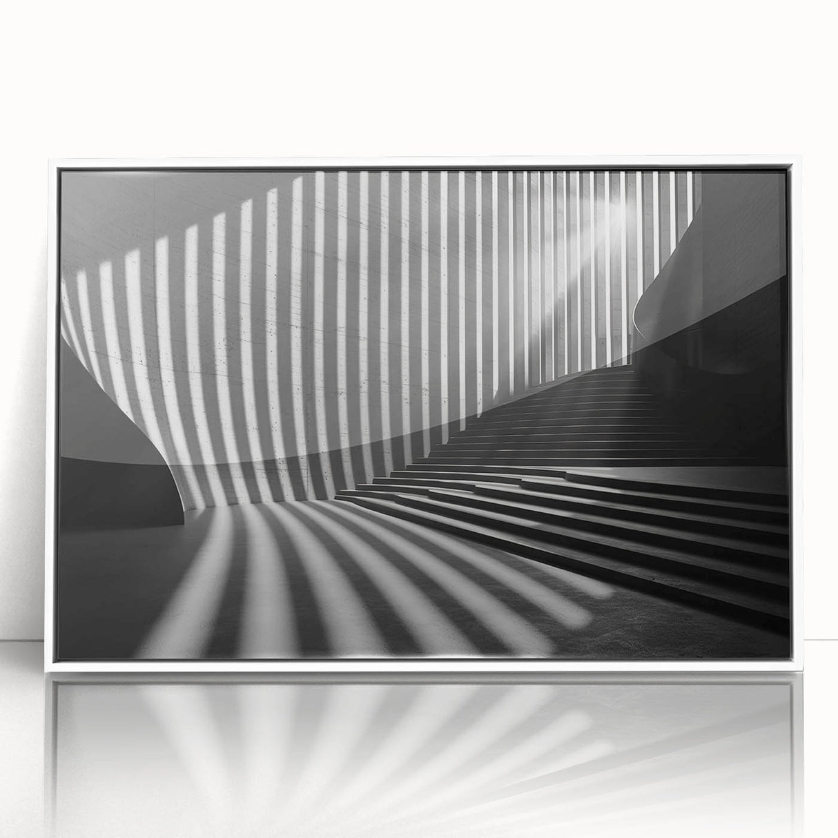 Art deco poster of geometric tunnels in black and white, acrylic framed, suitable for modern nursery decor.