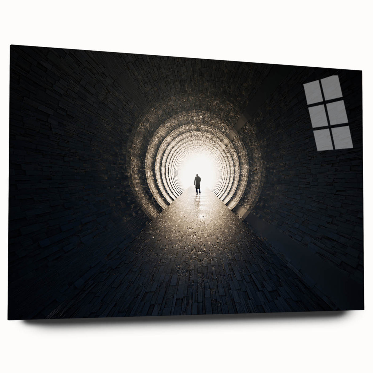 Large abstract wall art on acrylic glass depicting geometric tunnel designs in monochrome tones.