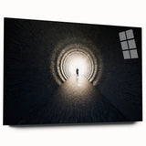 Large abstract wall art on acrylic glass depicting geometric tunnel designs in monochrome tones.