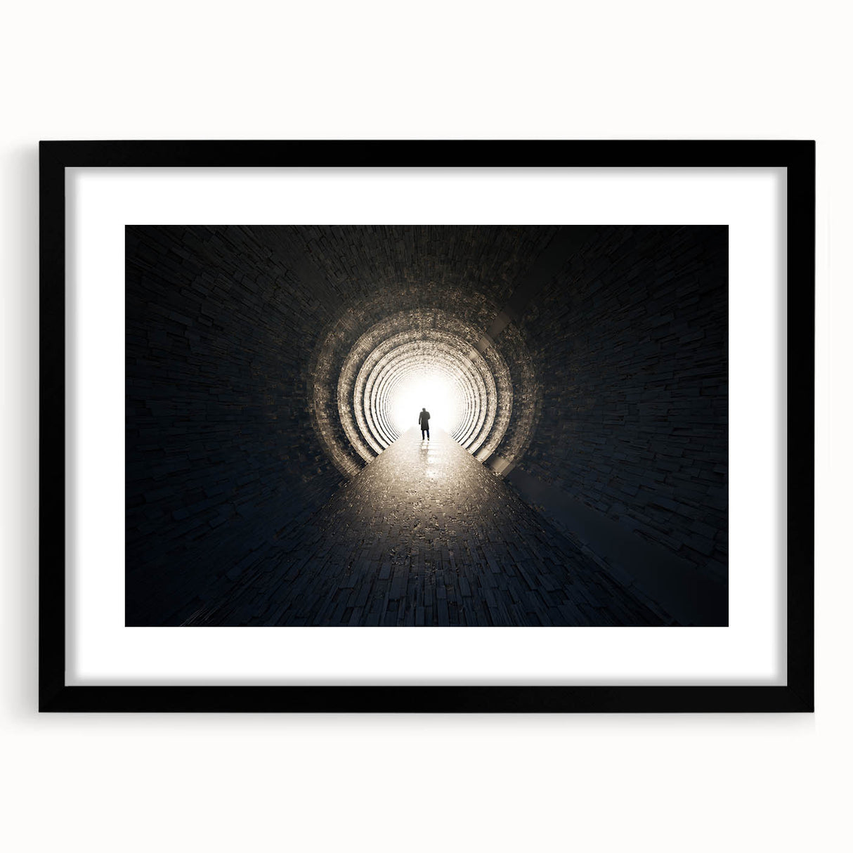 Abstract art print of geometric tunnels in black and white, framed with a black mat.