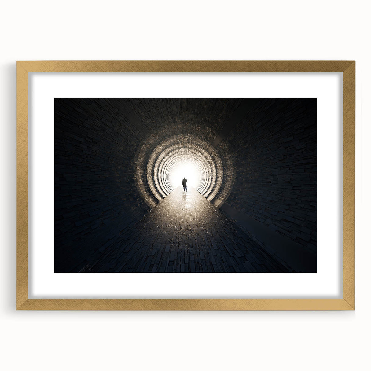 Extra large abstract art print featuring a colorful, textured design of architectural tunnels, framed in gold.