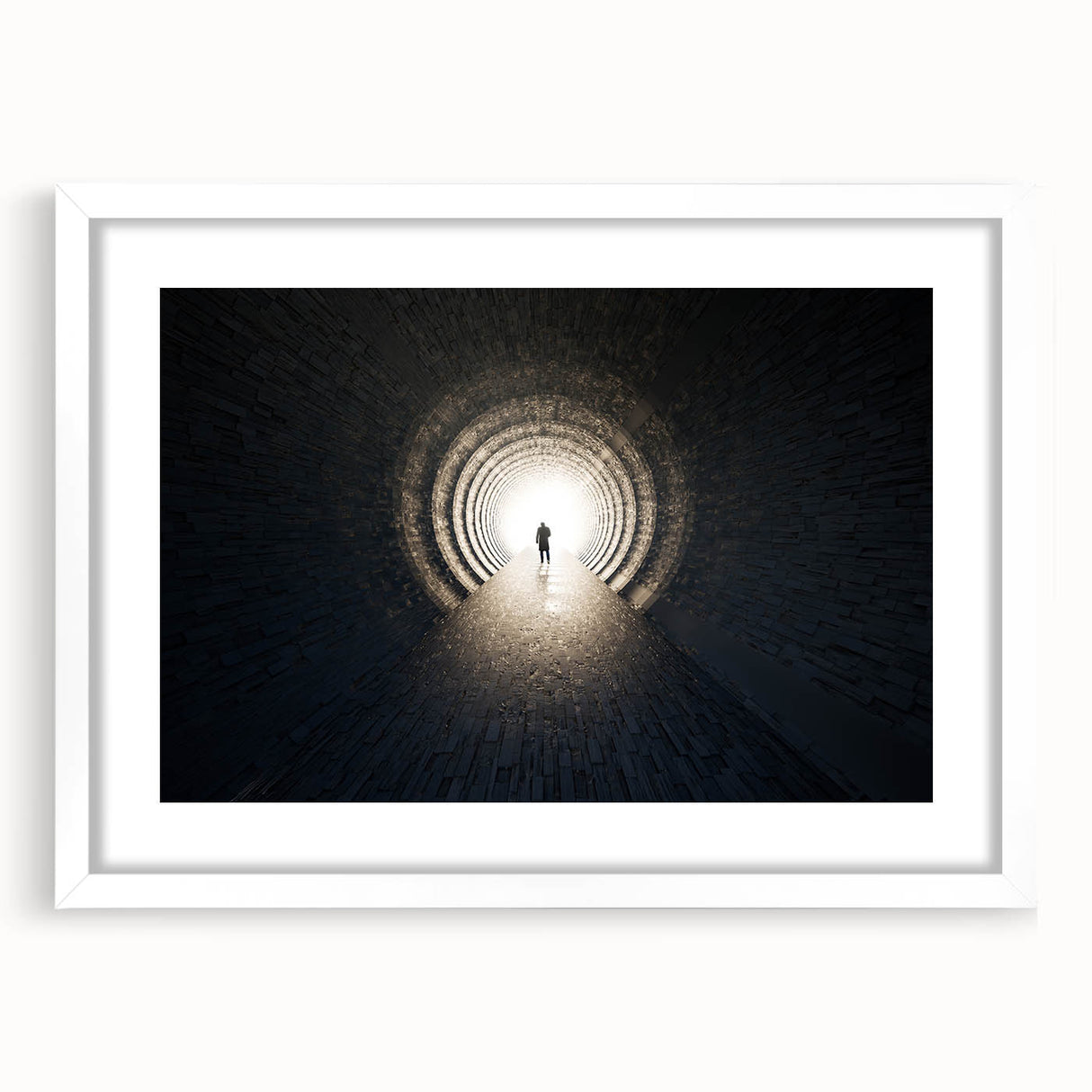 Textured abstract art print featuring interlocking tunnels in muted gray, framed in white, ideal for modern bedroom ambiance.