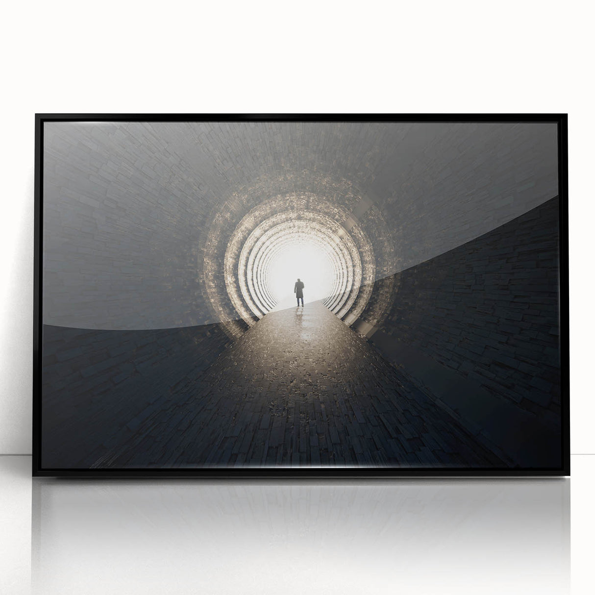 Large abstract wall art featuring a black and white tunnel design on a framed acrylic, ideal for modern art wall decor.