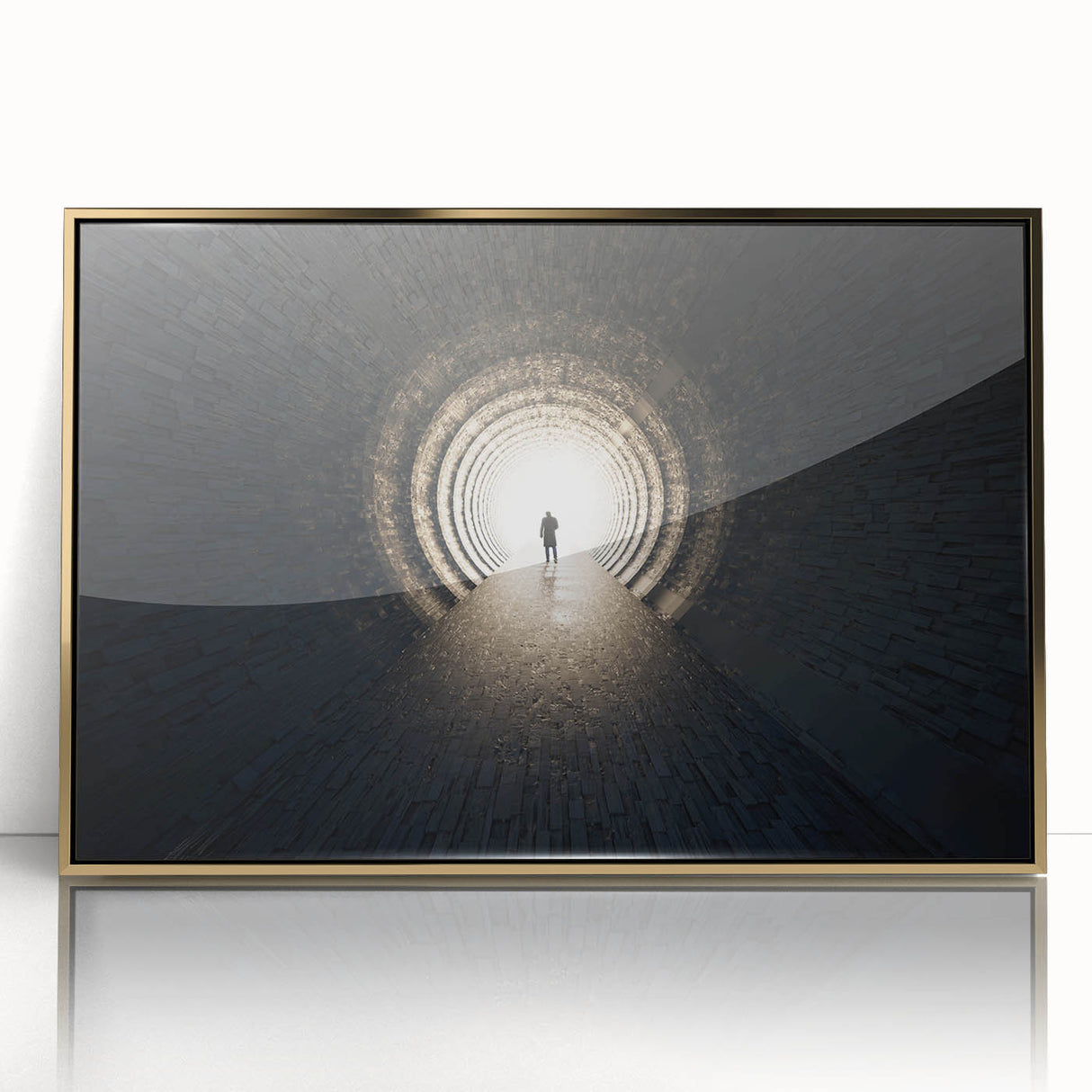Large art print of a mid-century modernist tunnel architecture in gold tones on framed acrylic.