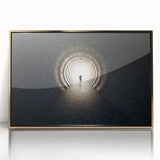 Large art print of a mid-century modernist tunnel architecture in gold tones on framed acrylic.