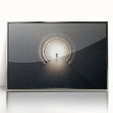 Mid-century modernist tunnel architecture in silver and gray hues, acrylic print, ideal for modern art wall decor.