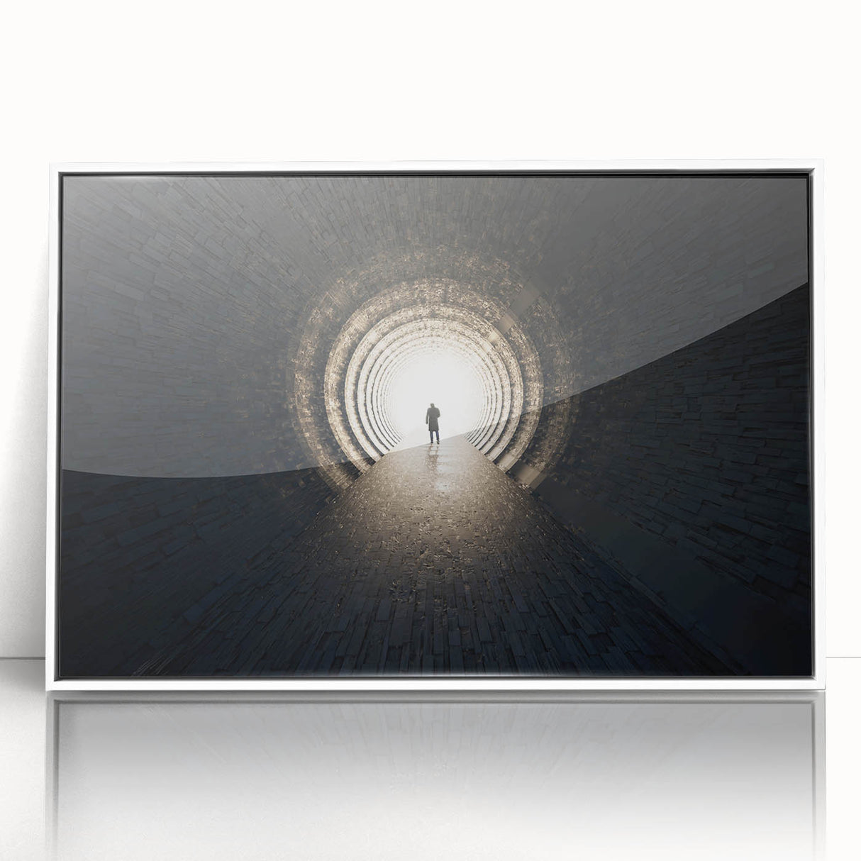 Art deco poster featuring a geometric tunnel design in muted gray, framed in white acrylic.