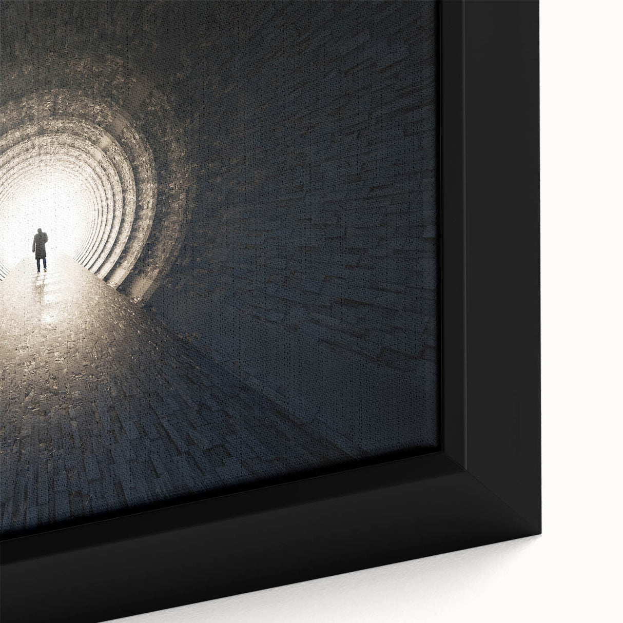 Extra large framed canvas featuring a black textured tunnel design with colorful art accents, ideal for living room decor.