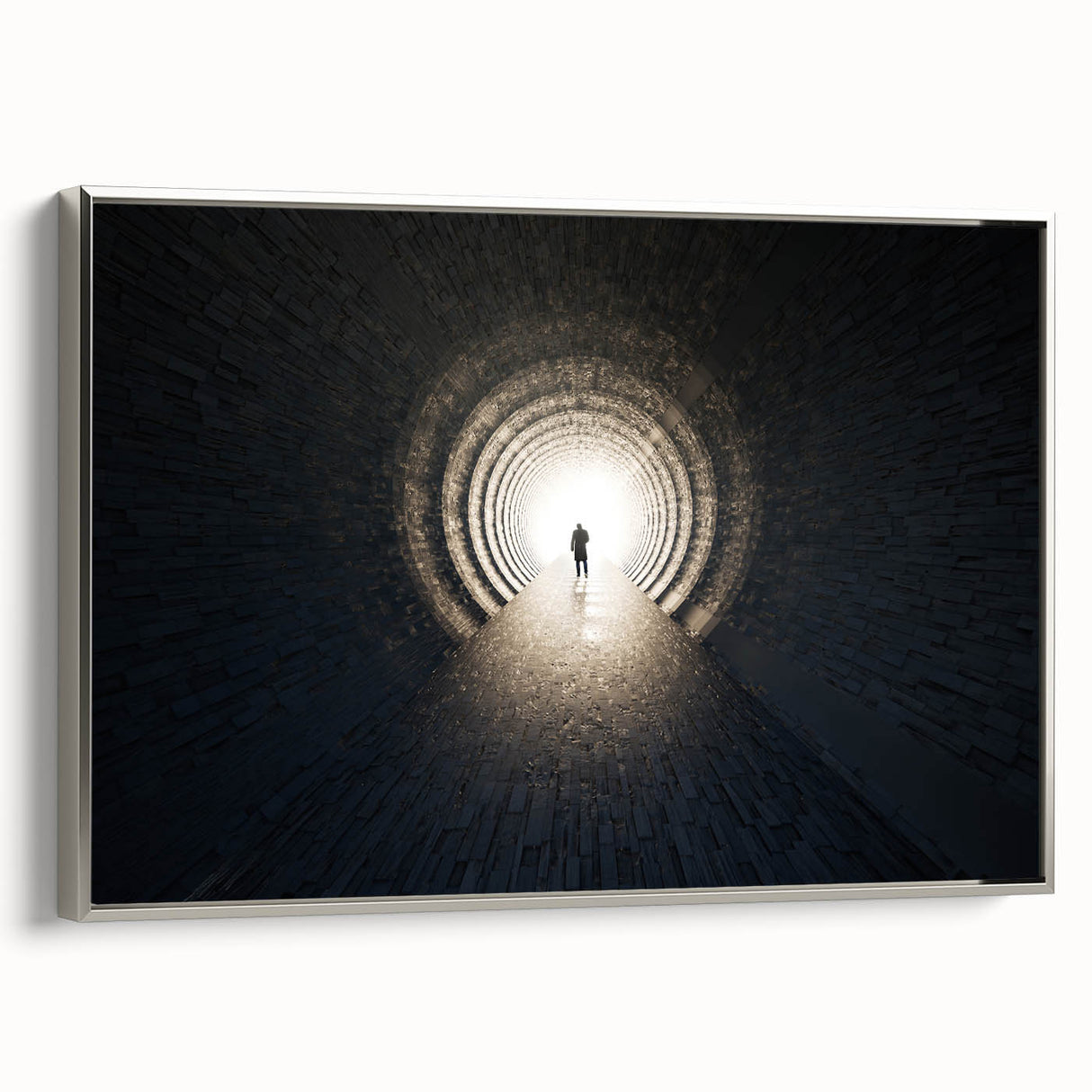 Framed canvas of a vintage-style landscape art painting featuring a tunnel design in black with colorful accents.