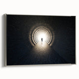 Framed canvas of a vintage-style landscape art painting featuring a tunnel design in black with colorful accents.