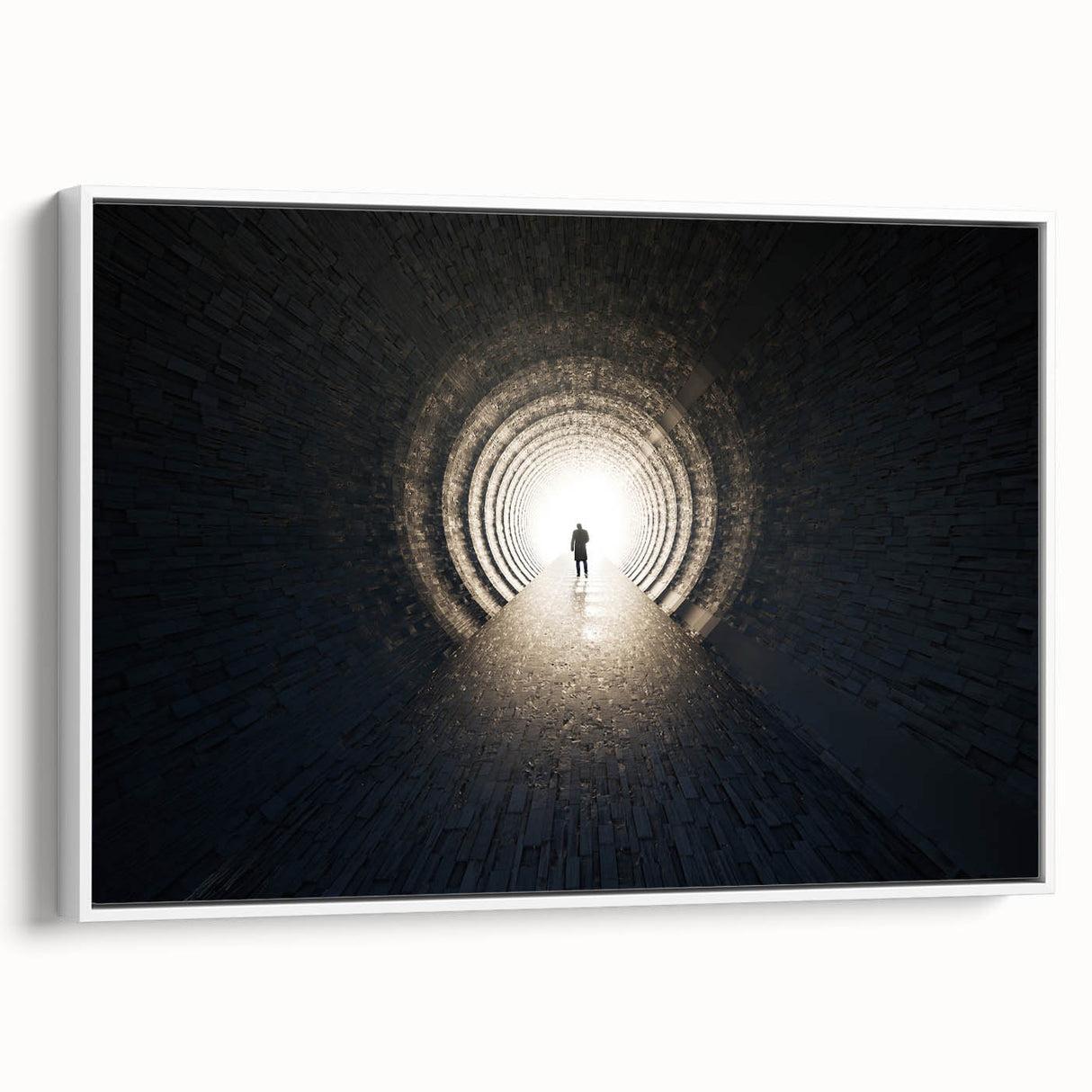 Vintage poster art of architectural tunnels in a black and colorful palette, framed canvas, ideal for living room decor.